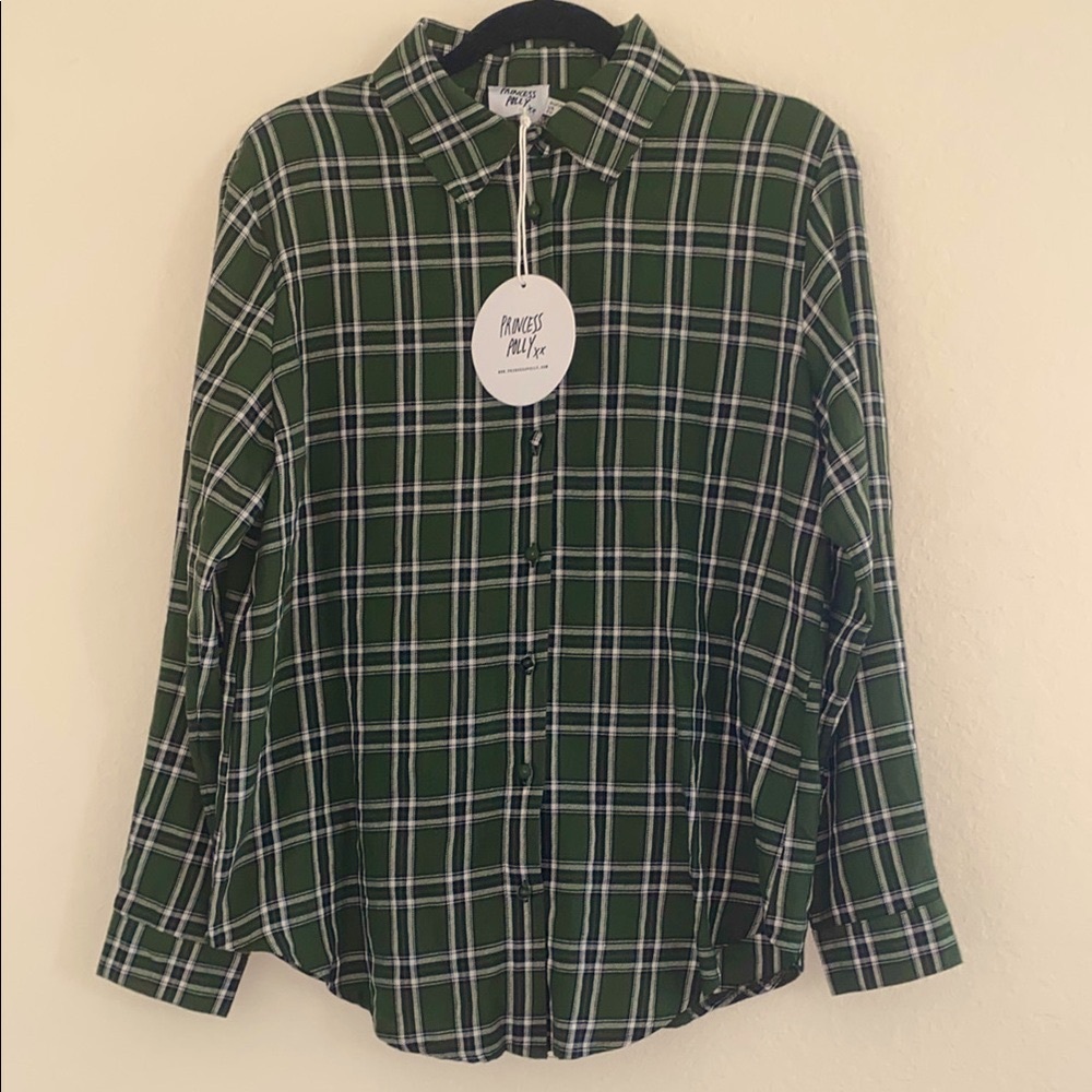 NWT-Princess Polly Nora Shirt in Forest Green.-Long Sleeve Button Down-Size 4